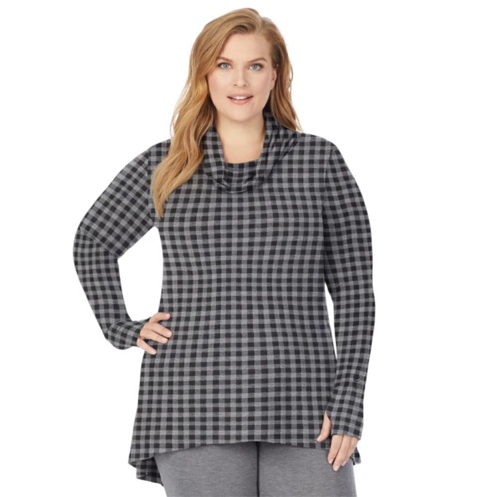 Cuddl Duds Womens Black Gray Check Cowlneck Long Sleeve Tunic Top Plus Sz 1X New
